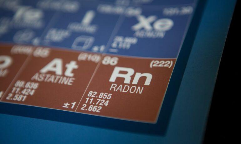The table of elements up-close with the Radon element in focus. The table shows the Rn and 222 markings for measuring.